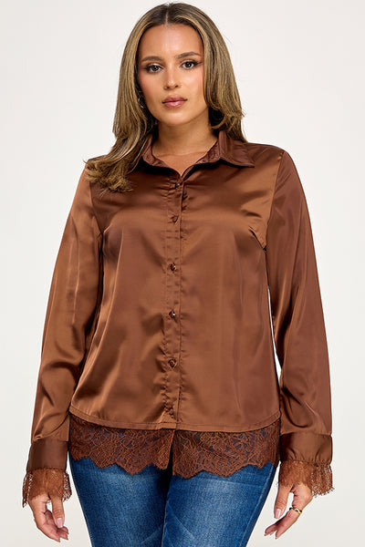 Blusa café botón encaje