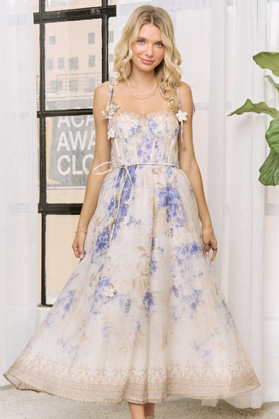 Vestido beige azul a media pierna