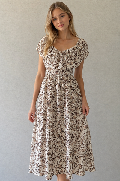 VESTIDO FLORES CAFÉ A MEDIA PIERNA