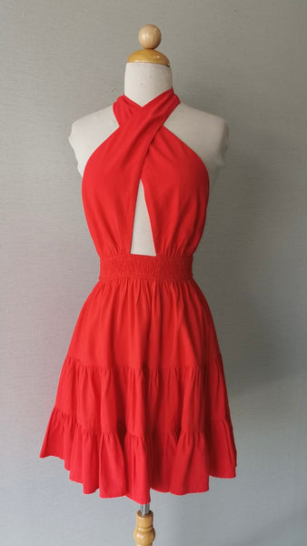 VESTIDO ROJO HALTER VOLADO
