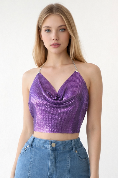 CROP TOP MORADO METÁLICO HALTER