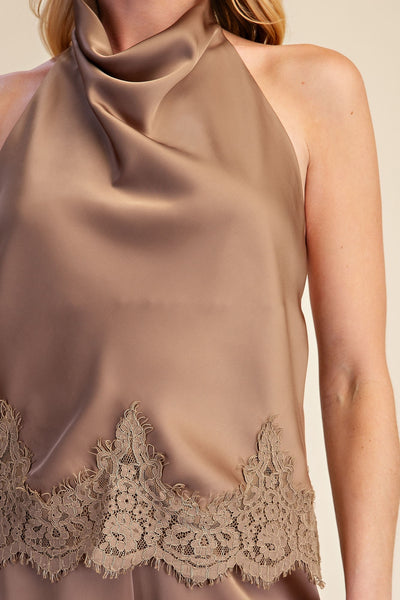 Blusa café halter encaje