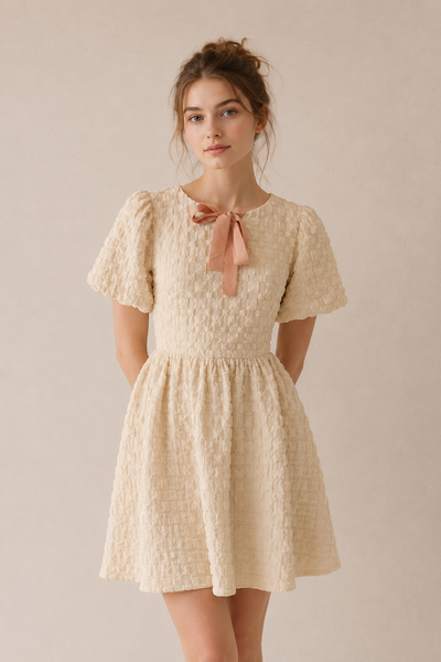VESTIDO BLANCO CUADROS MOÑOS ROSA