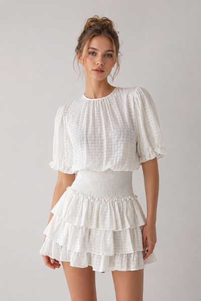 VESTIDO BLANCO CORRUGADO CUADROS