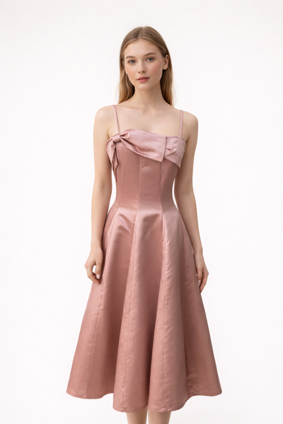 Vestido rosa moño a media pierna