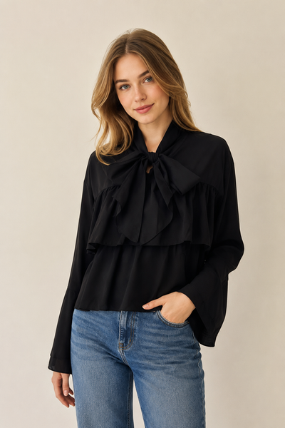 Blusa negra moño corbata