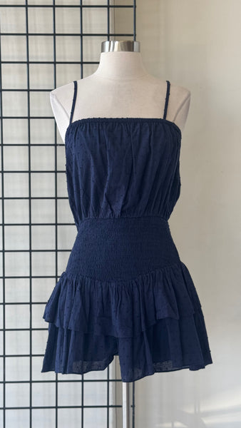 ROMPER AZUL TELA BORDADA CORRUGADO ABDOMEN