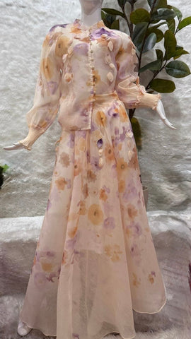 Vestido beige naranja a media pierna