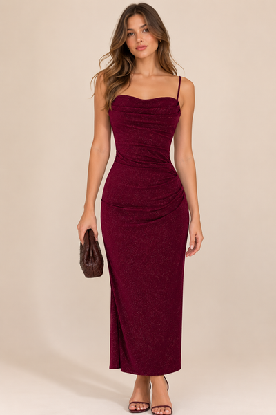Vestido vino brillos a media pierna