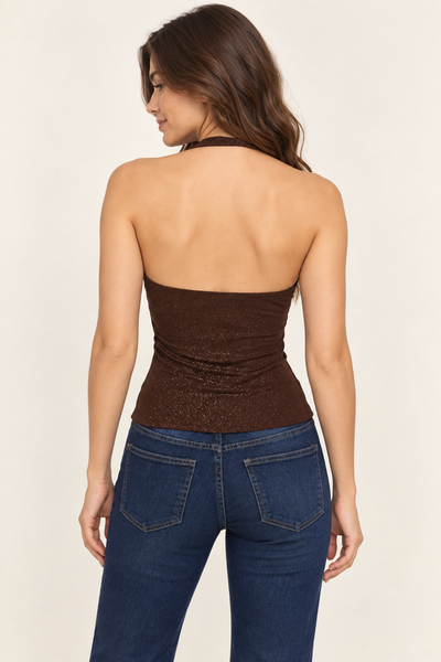 Blusa café halter brillos