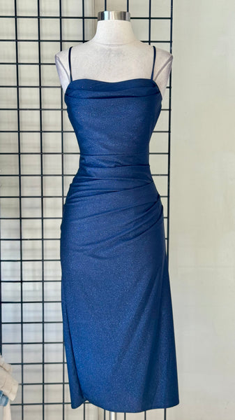 Vestido azul brillosa media pierna