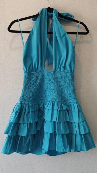 VESTIDO AZUL HALTER CORRUGADO