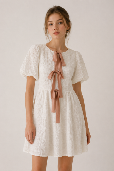 VESTIDO BLANCO CUADRITOS MOÑOS ESPALDA