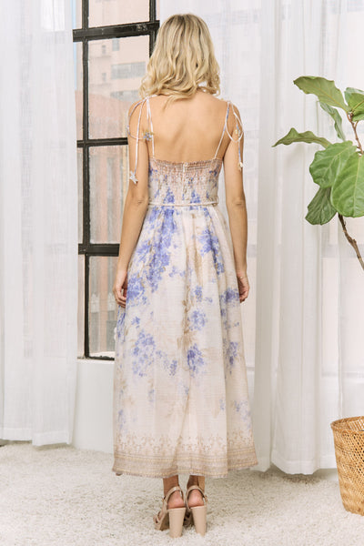 Vestido beige azul a media pierna