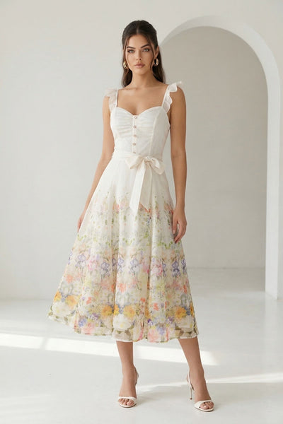 Vestido beige colores a media pierna