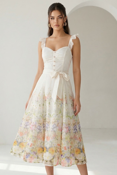 Vestido beige colores a media pierna