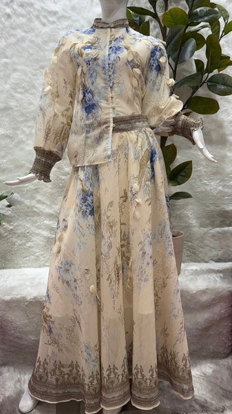Falda beige azul a media pierna