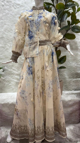 Vestido beige azul a media pierna